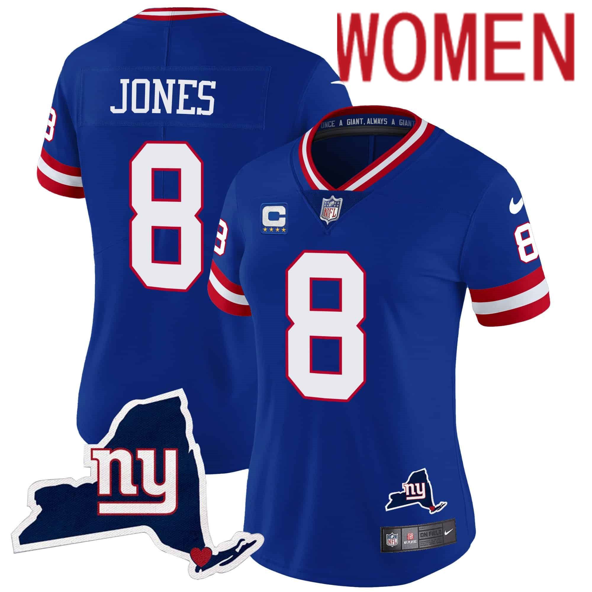 Women New York Giants #8 Jones Blue 2024 Nike Map Patch Limited NFL Jersey style 1